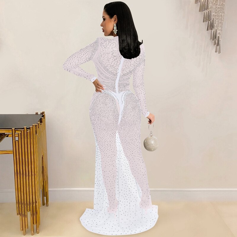 Sparkly Rhinestone Maxi Evening Dresses for Women 2022 Party Sexy Dress Women Elegant Sheer Mesh See Through Long Bodycon Dress