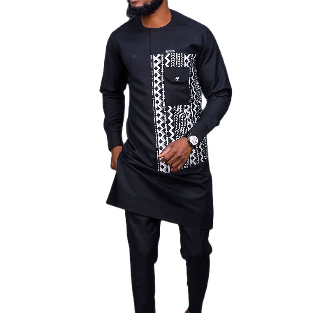 African Men's Dashiki Long Sleeve 2 Piece Set Traditional Africa Clothing Striped Men's Suit Male Shirt Pants Suits