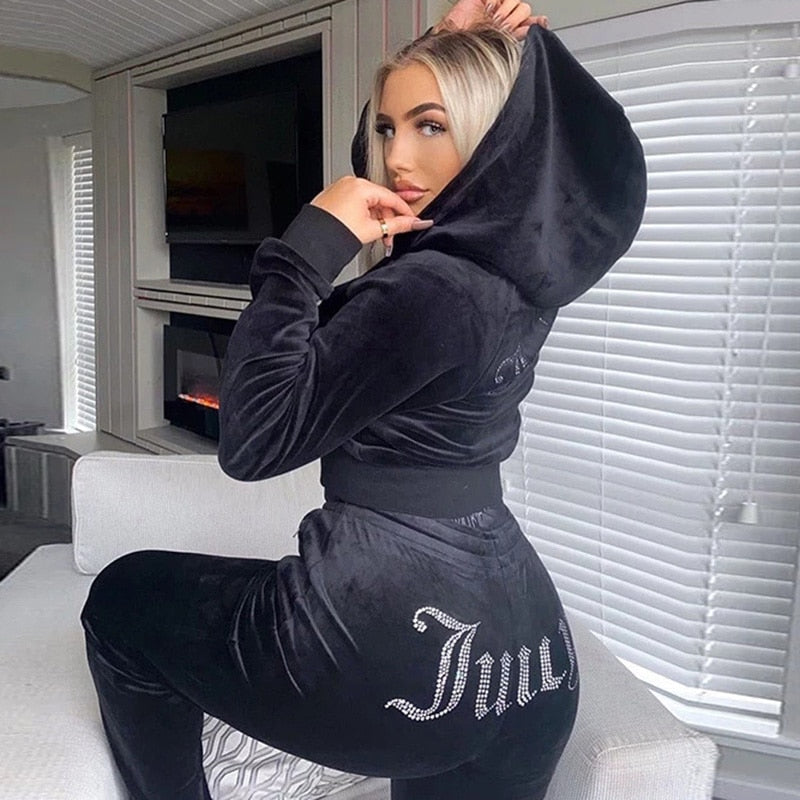 Velour Juicy Sewing Suit Hoodies Velvet Zipper Sweatshirt And Pants Set Sportswear 2022 Women's Spring/Fall Tracksuit Crop Top