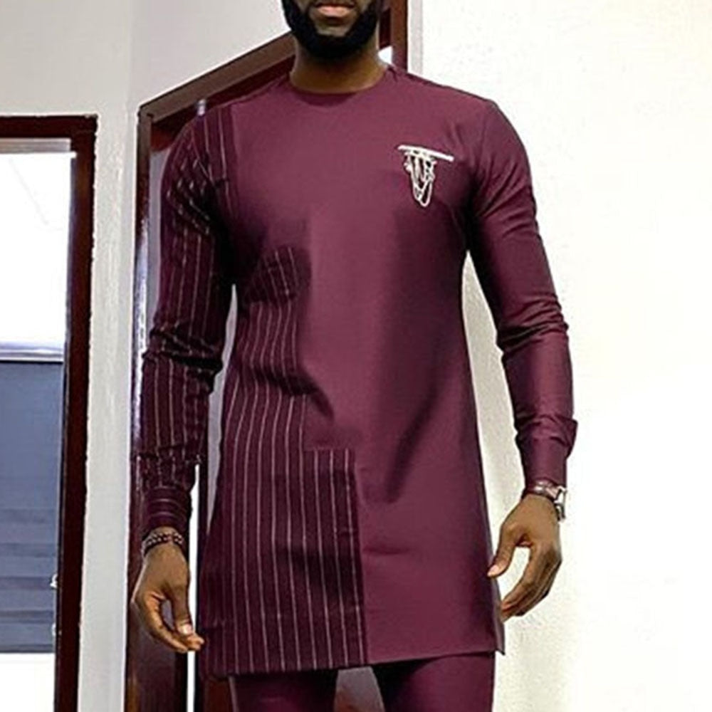 Dashiki T-shirt Men's Summer and Autumn Round Neck Striped Print Long-sleeved African Ethnic Style Men's Suit M-4XL