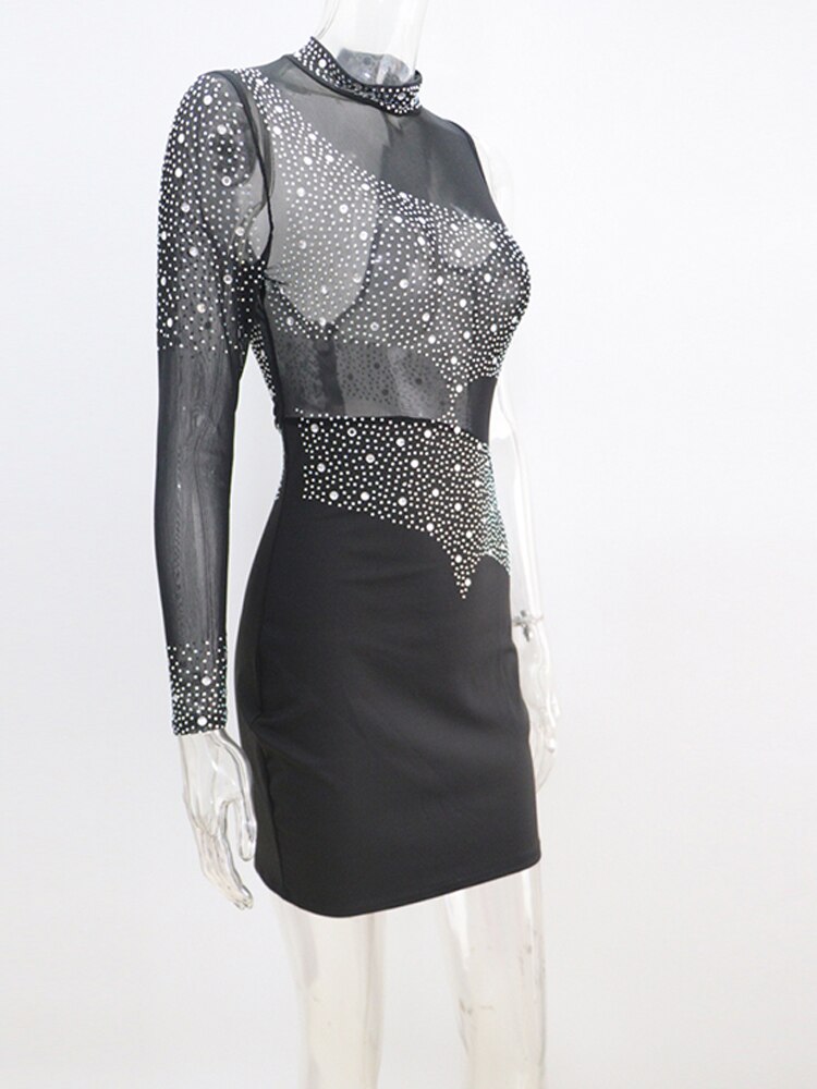 Beyprern New Chic Sheer Mesh Patchwork Crystal Sexy Dresses Party Night Club Dress Womens One Sleeve Sequins Birthday Outfits
