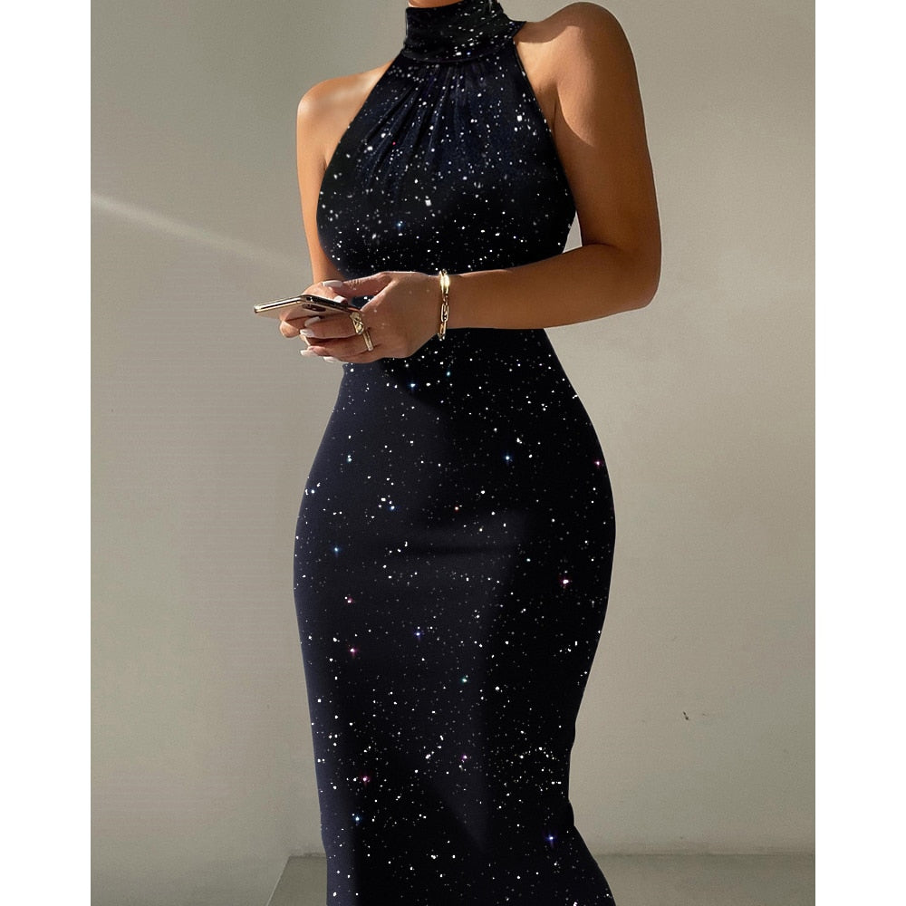 2022 Summer Glitter High Neck Sleeveless Bodycon Dress Sexy Slim Fit Women Mini Bodycon Dress Glitter Party Evening Dress robe
