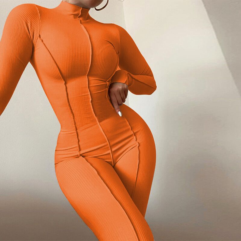Women's Fall Bright Line Decoration Black One Piece Long Sleeve or Sleeveless Sexy Jumpsuit