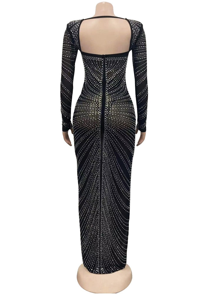 Beyprern Gorgeous Open Back Sequin Maxi Dress Woman Crystal Party Dress Night Out Robes Christmas Outfits Sexy Clubwear