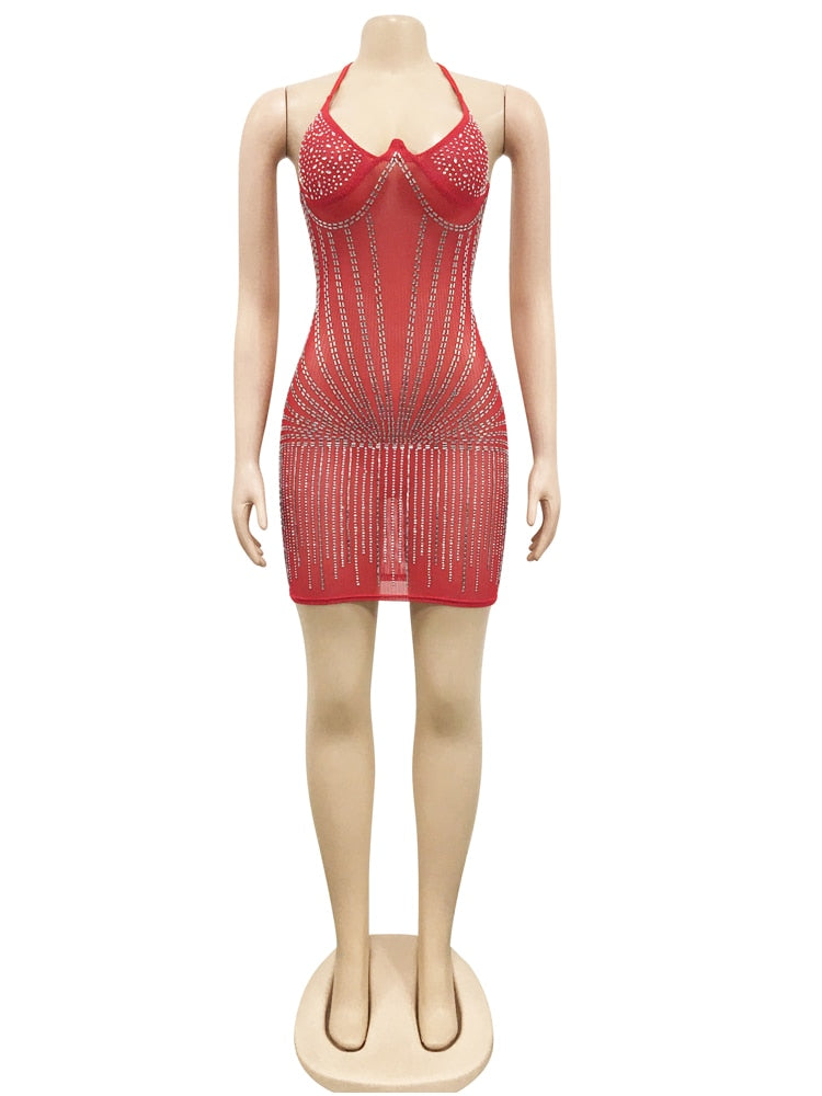 Beyprern Glam Hlater V Neck Shiny Crystal Dress Elegant See-Through Rhinestone Short Party Dress Birthday Outfits Sexy Clubwear