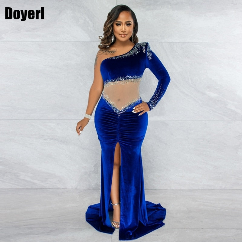 Winter Velvet Sexy Party Dresses Women Evening Elegant Night Out Christmas Dress Sheer Mesh Rhinestone Bodycon Maxi Dress Robe