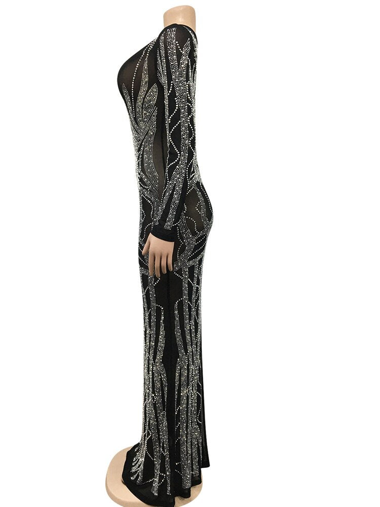 Beyprern Gorgeous Crystal Gown For Womens Beautiful Deep V Neck Mesh Patchwork Sequin Maxi Dress Special Occasion Outfits 2022