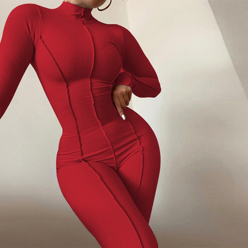 Women's Fall Bright Line Decoration Black One Piece Long Sleeve or Sleeveless Sexy Jumpsuit