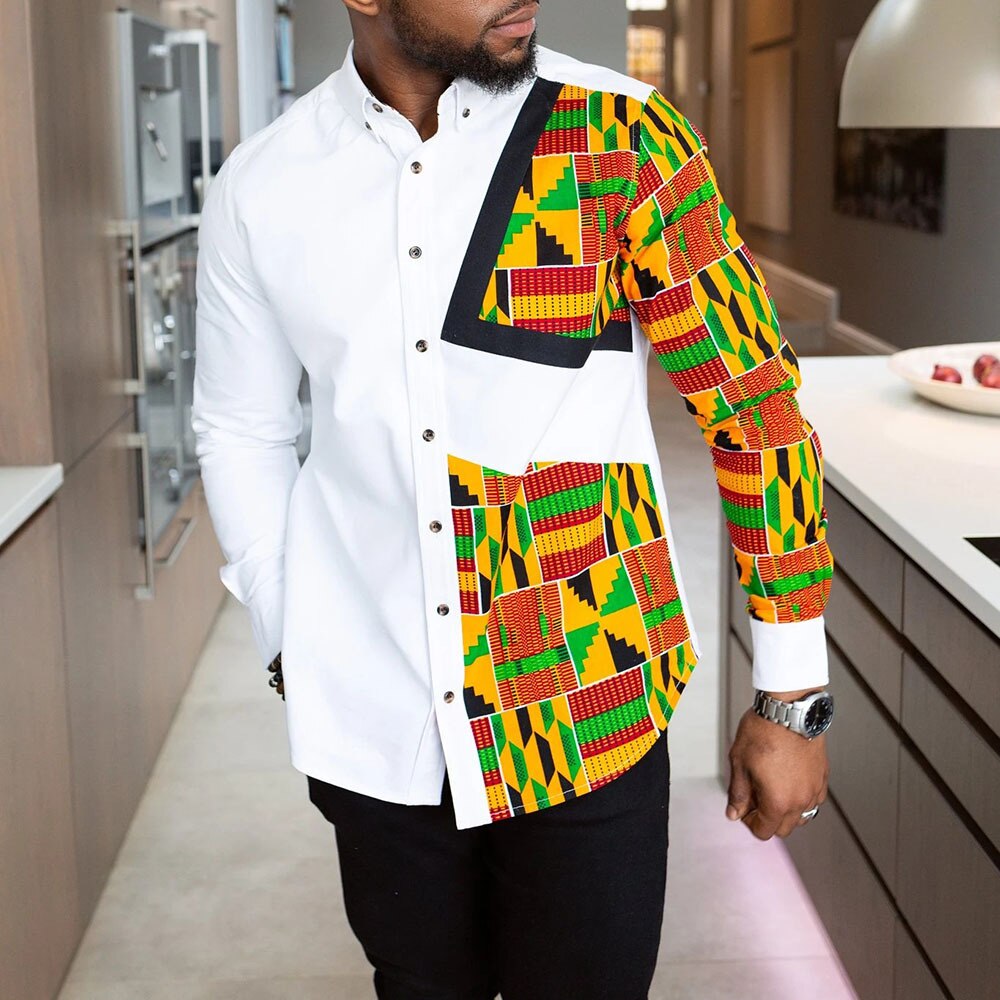 African Men's Dashiki Printed Long Sleeve Lapel Casual T-Shirt