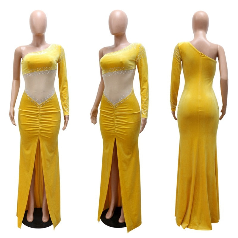 Winter Velvet Sexy Party Dresses Women Evening Elegant Night Out Christmas Dress Sheer Mesh Rhinestone Bodycon Maxi Dress Robe