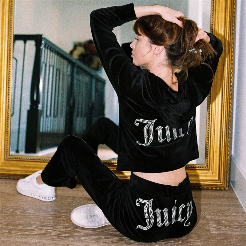 Velour Juicy Sewing Suit Hoodies Velvet Zipper Sweatshirt And Pants Set Sportswear 2022 Women's Spring/Fall Tracksuit Crop Top