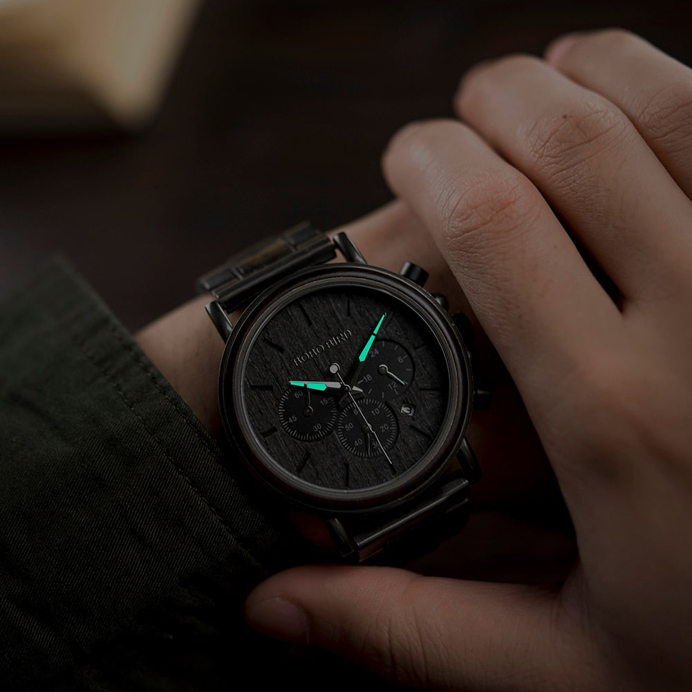 BOBO BIRD Wood Men's Stylish Chronograph Military Watches Timepieces in Wooden Gift Box