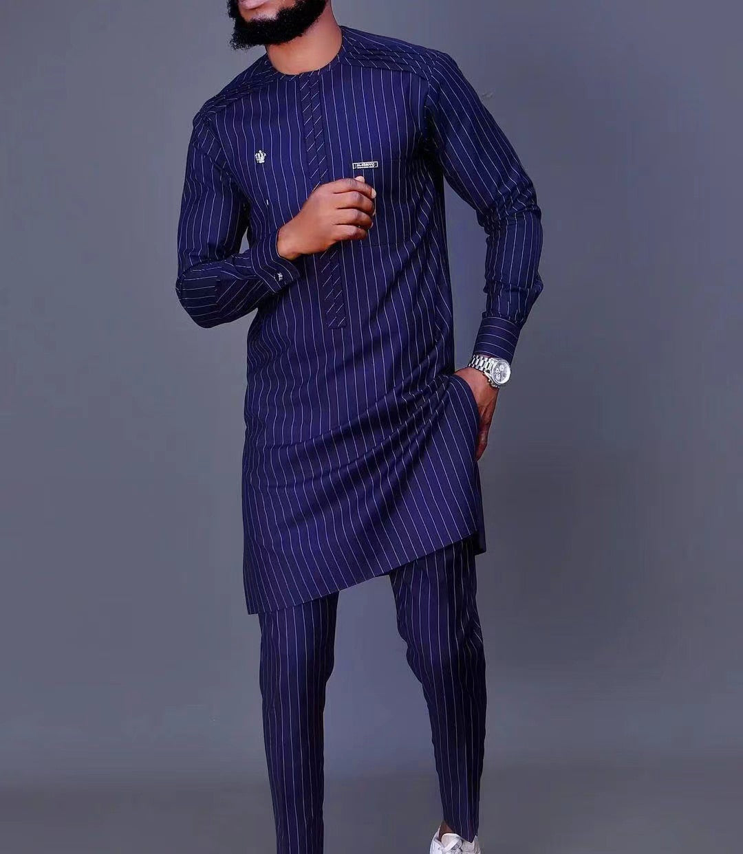 Dashiki African Clothing - Casual Green Geometric Print Suit Long Sleeve Shirt & Trouser 2 Piece Set