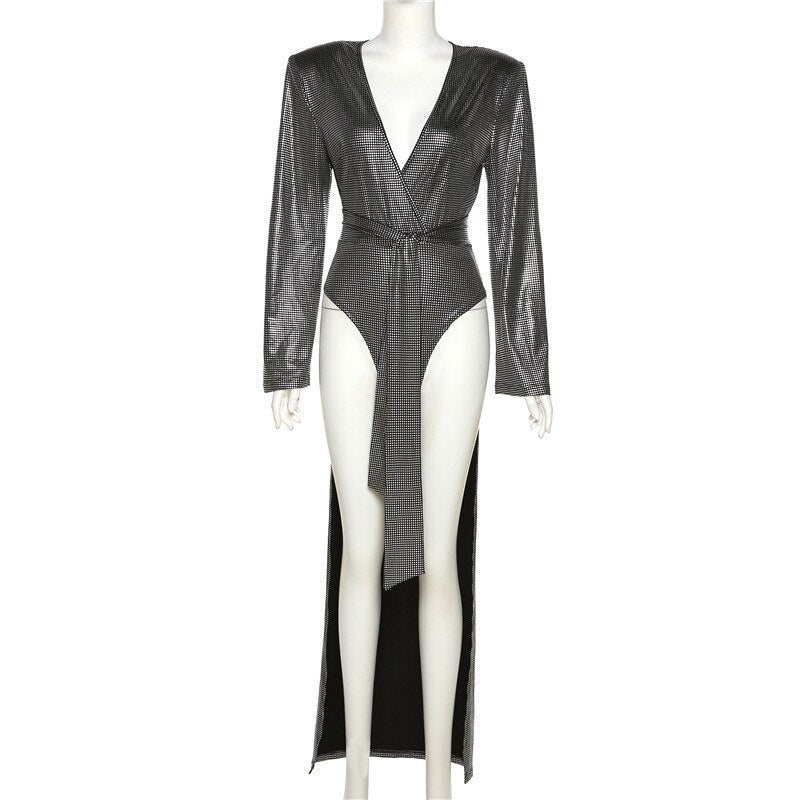 Women's Sequined Dot Bodysuit Dress Women Sexy Deep V Neck Long Sleeve Lace Up Asymmetrical Night Club Party Dress
