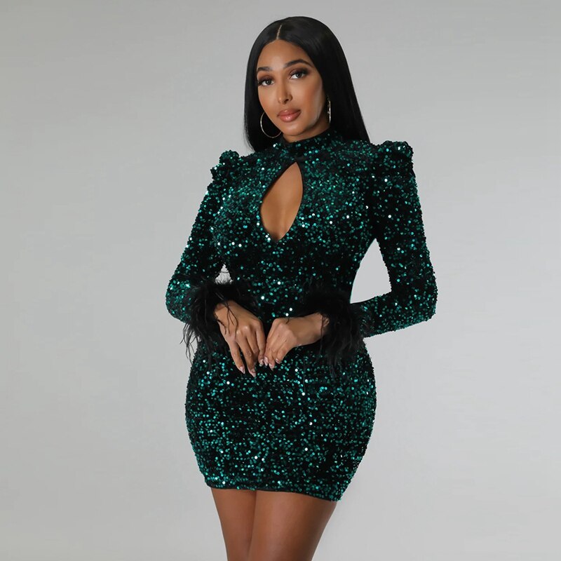 Sparkly Sequin Dress Women Party Night Club Wear Glitter Feathers Evening Bodycon Dress Elegant New Years Sexy Birthday Dress