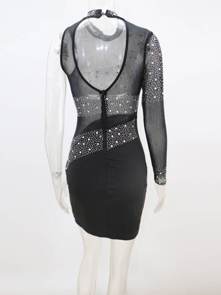 Beyprern New Chic Sheer Mesh Patchwork Crystal Sexy Dresses Party Night Club Dress Womens One Sleeve Sequins Birthday Outfits