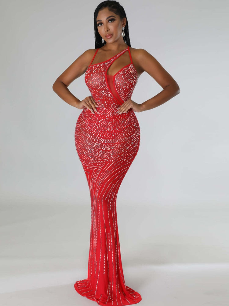 Beyprern Beautiful Sleevless Cut-Out Crystal Party Dress Gowns Glamour Womens Mesh Rhinestone Long Maxi Dress Christmas Outfits