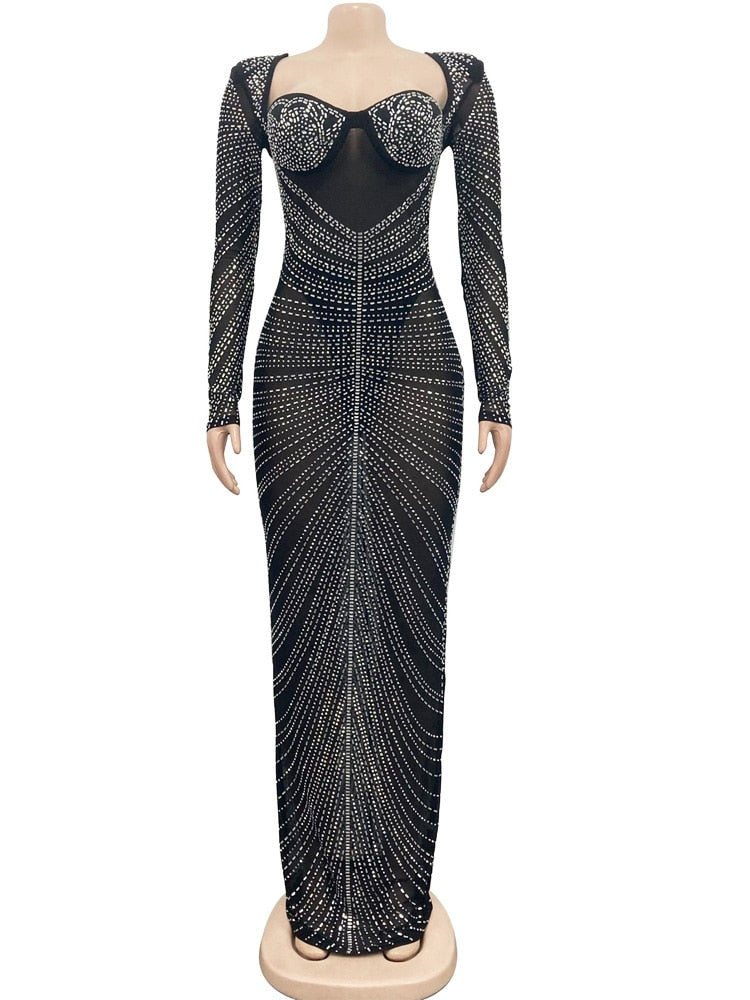 Beyprern Gorgeous Open Back Sequin Maxi Dress Woman Crystal Party Dress Night Out Robes Christmas Outfits Sexy Clubwear