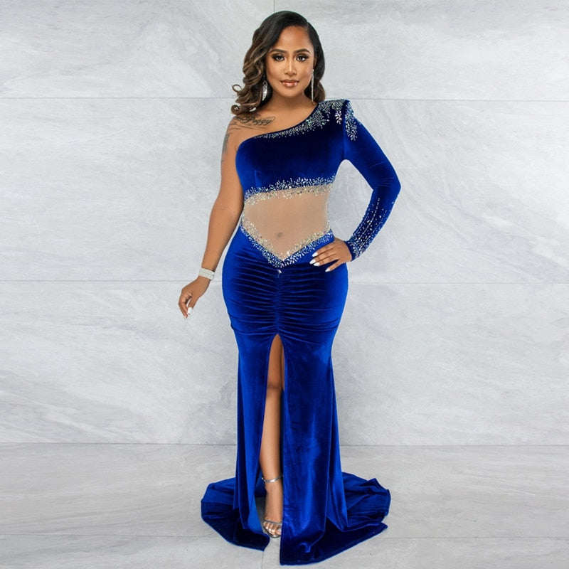 Winter Velvet Sexy Party Dresses Women Evening Elegant Night Out Christmas Dress Sheer Mesh Rhinestone Bodycon Maxi Dress Robe