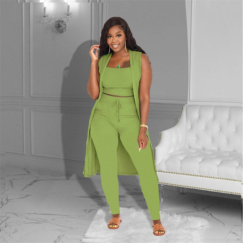 Knitted Rib Strapless Crop Top High Waist Skinny Pants Sleeveless Tank Cardigan 3 Piece Set