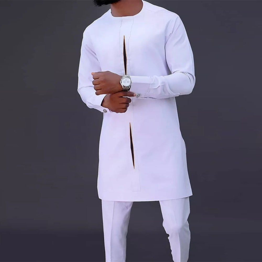 Men's Dashiki Long Sleeve Shirt White Trouser 2 Piece Set