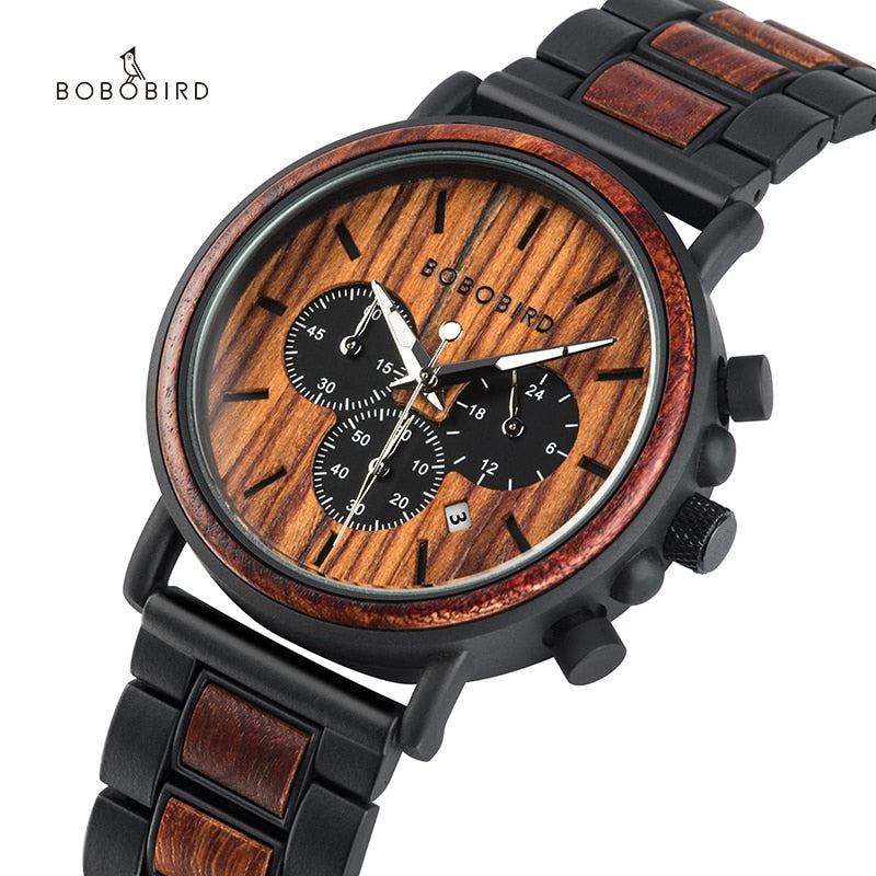 BOBO BIRD Wooden Men's Stylish Chronograph Military Retro Watches