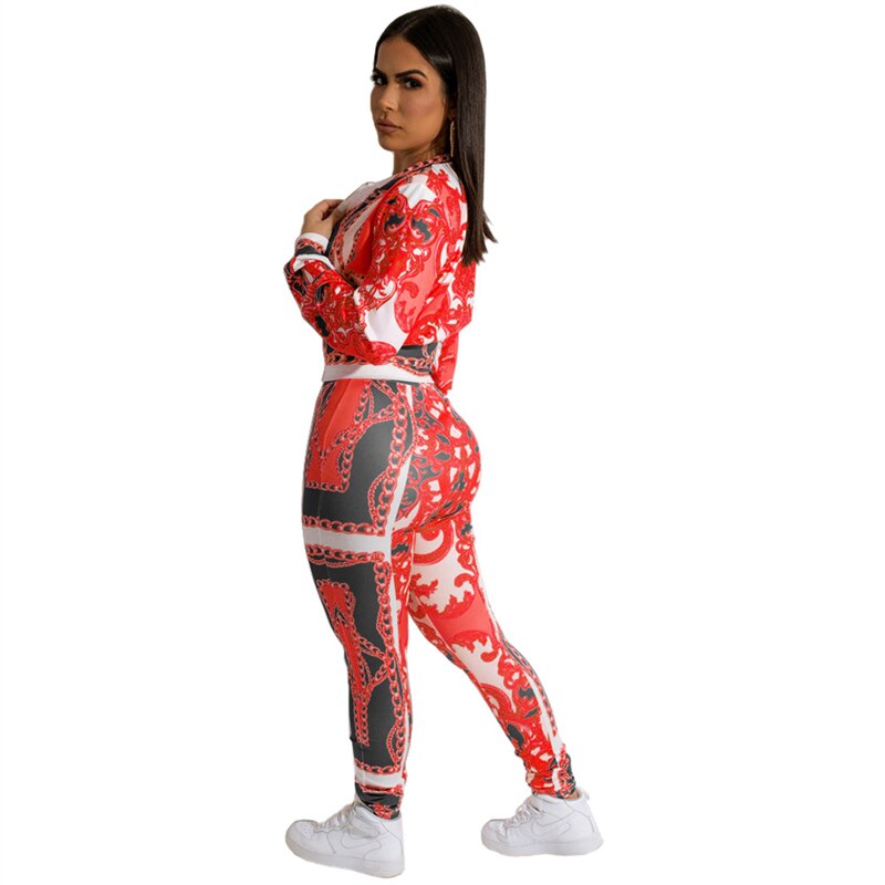 Adogirl Women's Chain Print Two Piece Set Long Sleeve Zipper Short Jacket Top Pencil Pants Suit