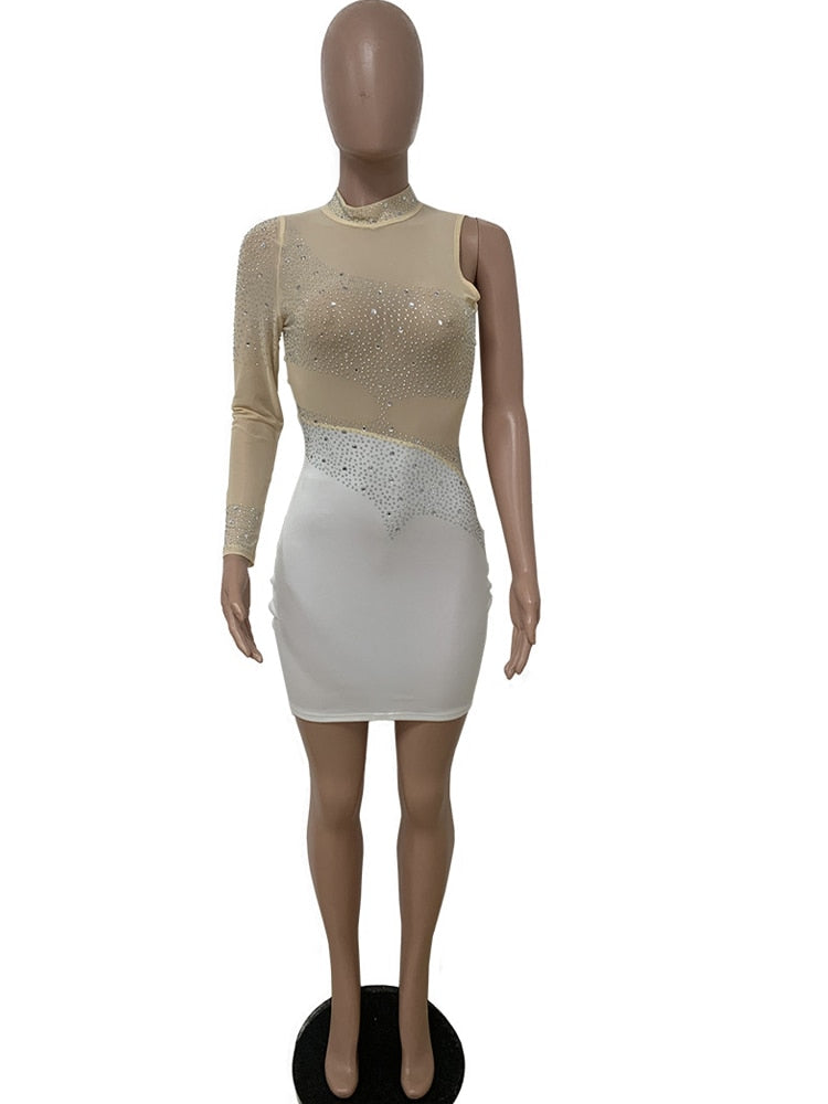 Beyprern New Chic Sheer Mesh Patchwork Crystal Sexy Dresses Party Night Club Dress Womens One Sleeve Sequins Birthday Outfits