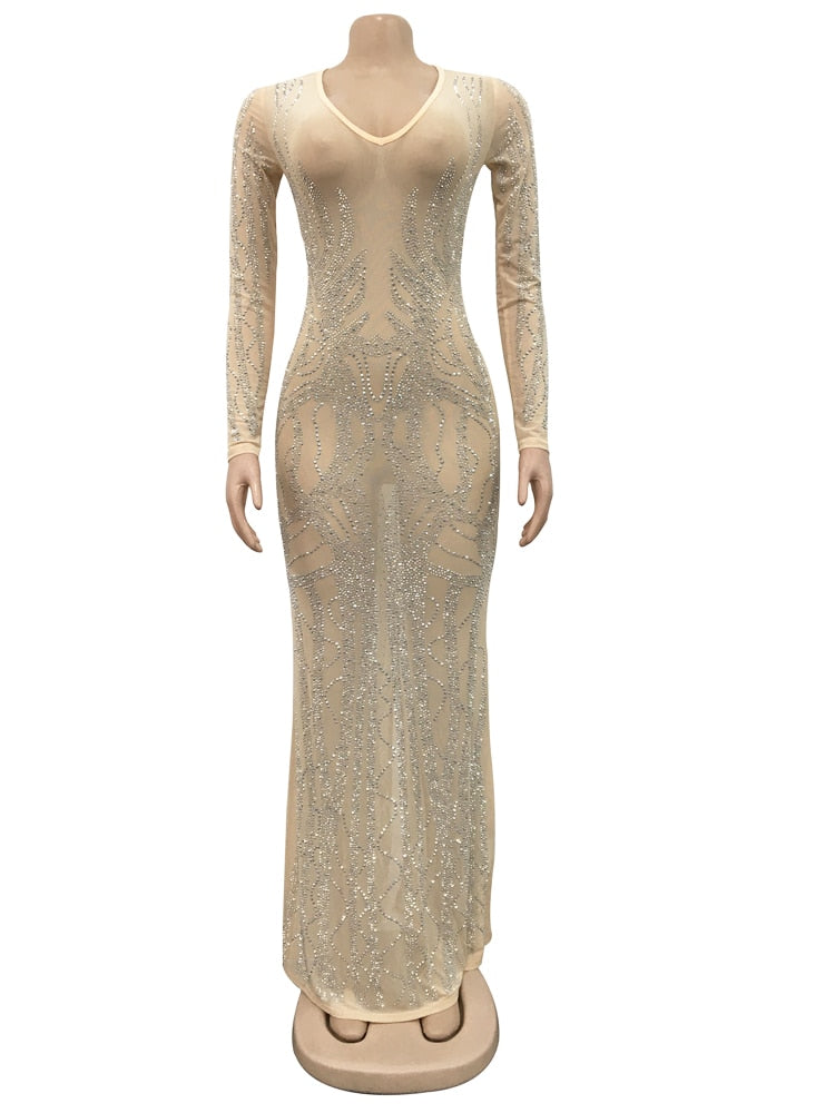Beyprern Gorgeous Crystal Gown For Womens Beautiful Deep V Neck Mesh Patchwork Sequin Maxi Dress Special Occasion Outfits 2022