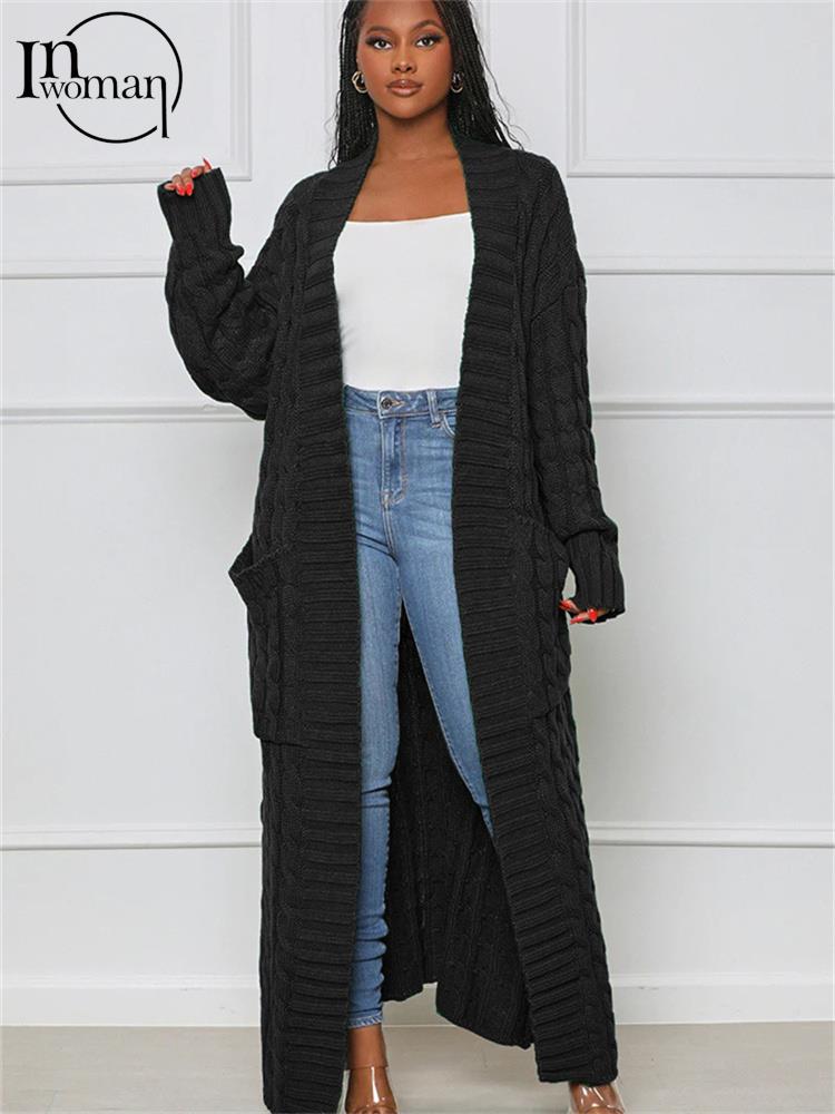 Inwoman Women's Sexy Solid Knit Loose Cardigan Casual Long Sleeve Open Stitch with Pockets Jacket Sweater