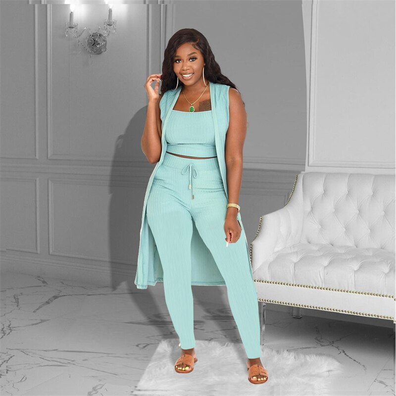 Knitted Rib Strapless Crop Top High Waist Skinny Pants Sleeveless Tank Cardigan 3 Piece Set