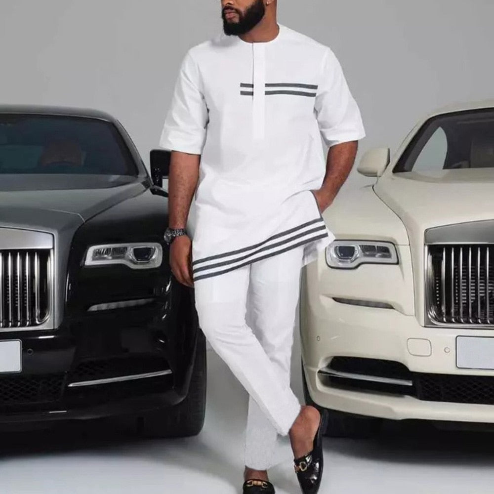 Men's Dashiki Long Sleeve Shirt White Trouser 2 Piece Set