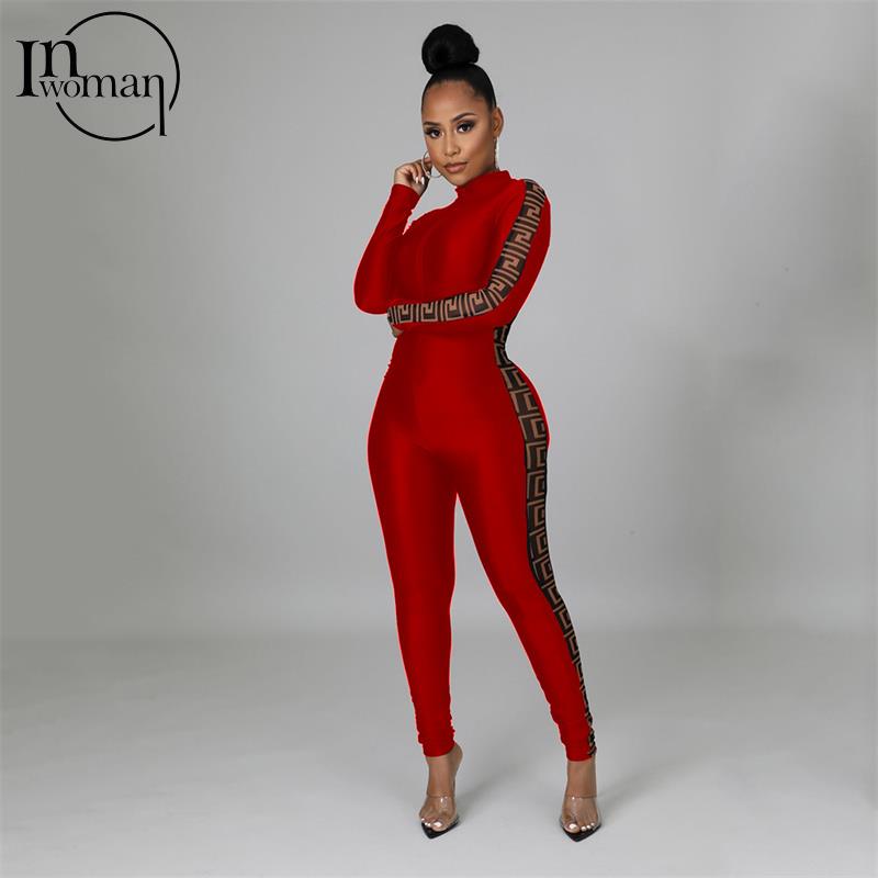 New Inwoman Women's Fall Mesh Patchwork Long Sleeve One Piece Black/Red Bodycon Jumpsuit