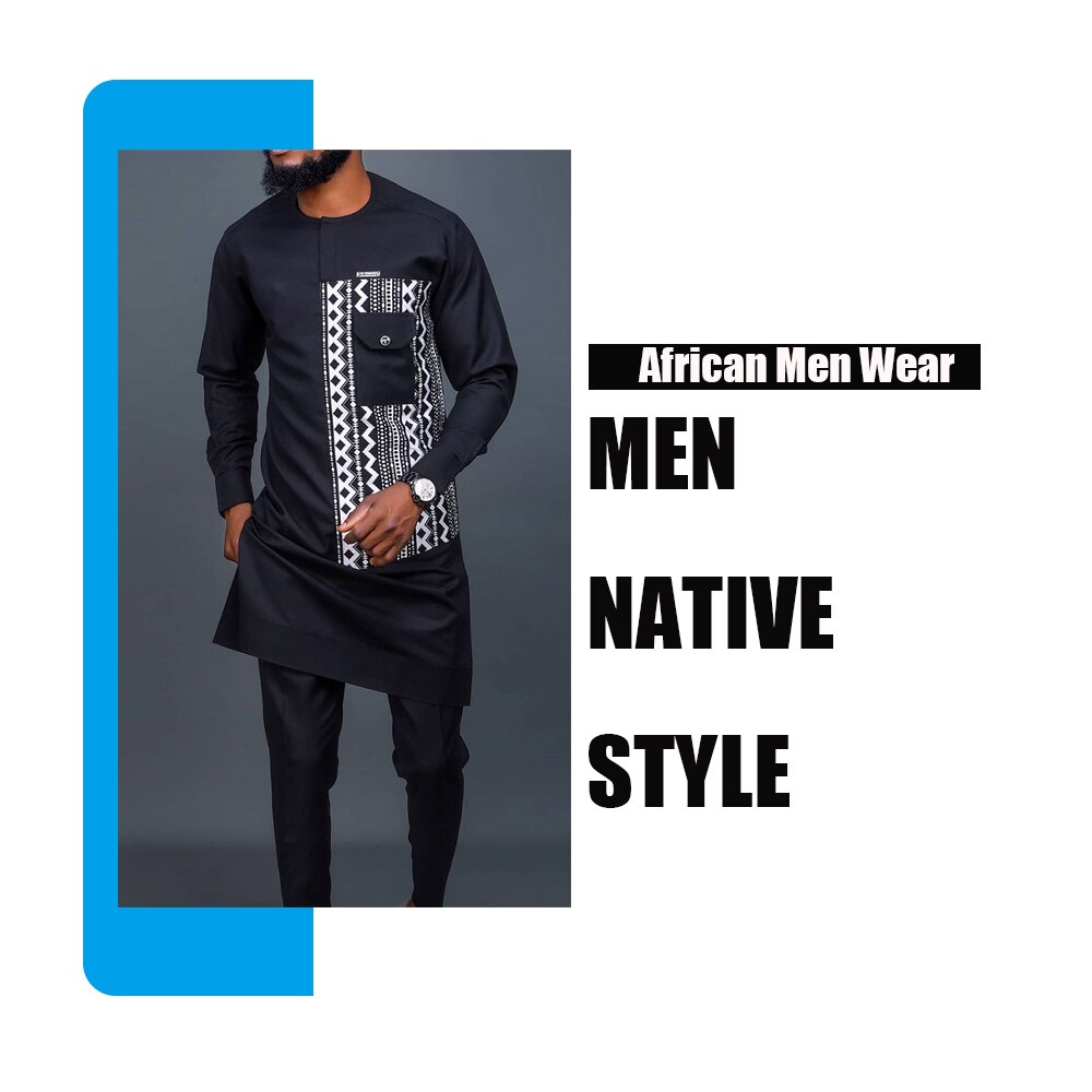 African Men's Dashiki Long Sleeve 2 Piece Set Traditional Africa Clothing Striped Men's Suit Male Shirt Pants Suits