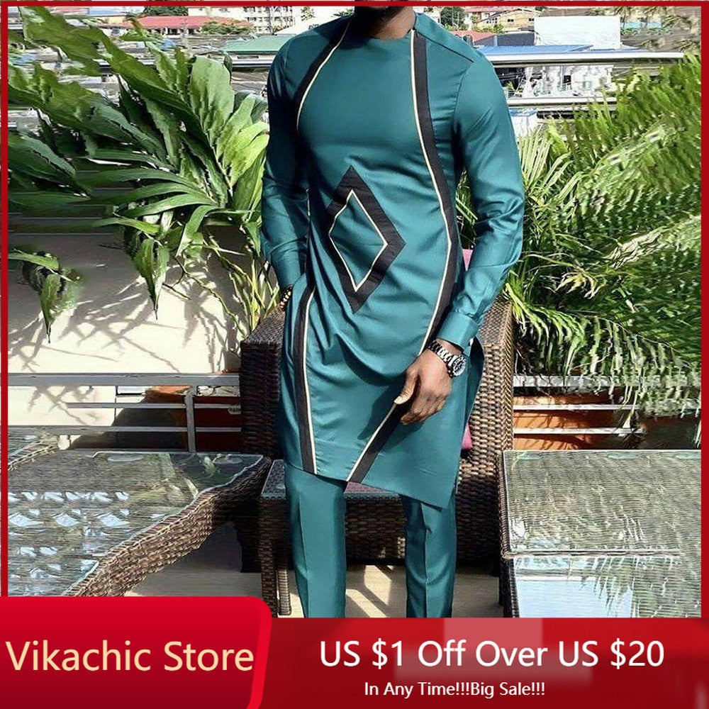 Dashiki African Clothing - Casual Green Geometric Print Suit Long Sleeve Shirt & Trouser 2 Piece Set
