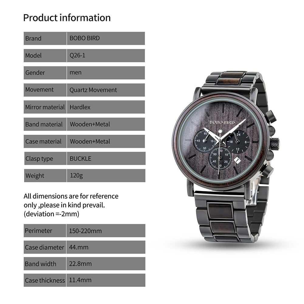 BOBO BIRD Wood Men's Stylish Chronograph Military Watches Timepieces in Wooden Gift Box