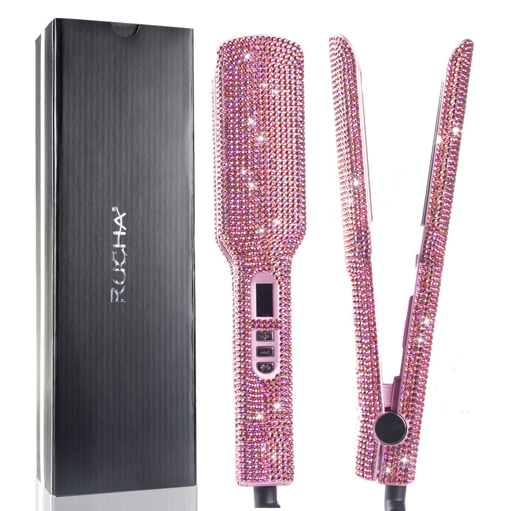Rhinestone Flat Iron Titanium Hair Straightener Professional Dual Voltage Straightening Irons LCD Display 2 Inch Plate Irons