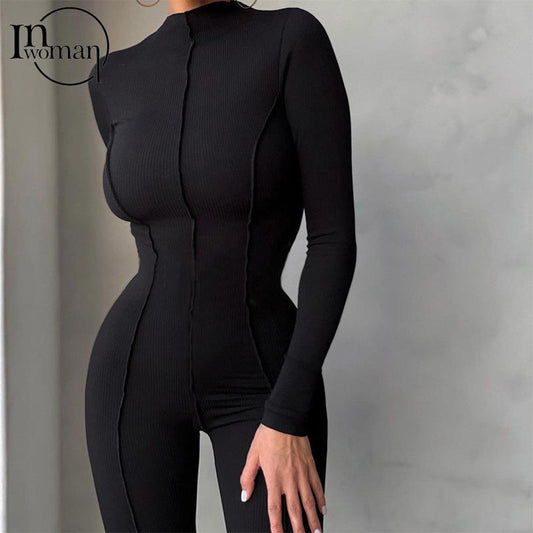 Women's Fall Bright Line Decoration Black One Piece Long Sleeve or Sleeveless Sexy Jumpsuit
