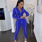 Striped Zipper Turn-down Collar Long Sleeve Jumpsuit Women Sportwear Workout Activewear Casual Rompers Skinny One Piece Overalls