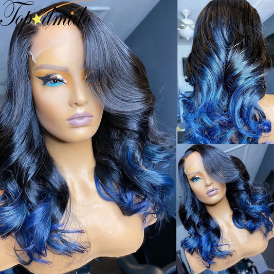 Blue Ombre Color Indian Hair 13x6 Lace Front Wig Natural Hairline Loose Wave Remy Hair 13x4 Lace Front Human Hair Wigs