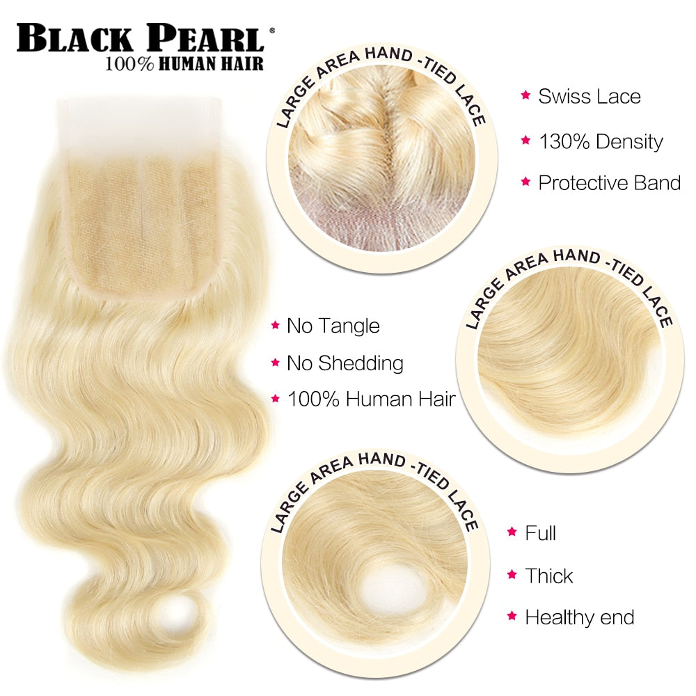 Black Pearl 613 Blonde Bundles With Closure Malaysian Body Wave Remy Human Hair Weave Honey Blonde 613 Bundles With Closure