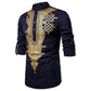 Men's Casual Long Sleeve Gold Floral Print Henley Shirt Ethnic Style Stand Collar African Dashiki Shirt