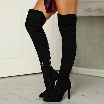 Women's Sexy Black Hollow Out Over The Knee Pointed Toe Thin Heel Boots
