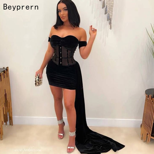 Beyprern Summer Women Corset Mini Dress Fashion Short Sleeve Black Caged Velvet Dress Long Straps Night Out Robes Sexy Clubwear