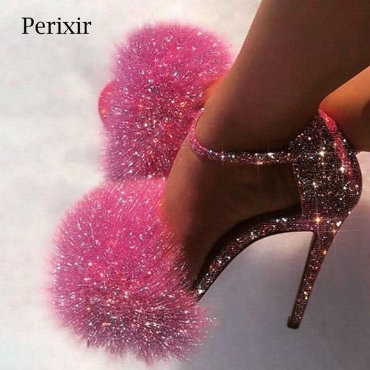 Perixir Fashion Glitter Heels Designers Summer Shoes Women Stiletto Sandalen Open Toe Fluff Strappy Thin High Heels Fur Sandals