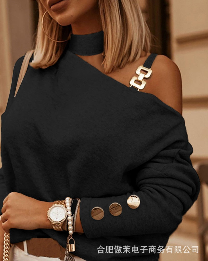 Women's New Fashion Long Sleeve Diagonal Shoulder Chain Decorative Off Shoulder Blouse