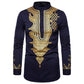 Men's Casual Long Sleeve Gold Floral Print Henley Shirt Ethnic Style Stand Collar African Dashiki Shirt