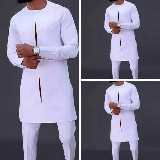 Men's Dashiki Long Sleeve Shirt White Trouser 2 Piece Set