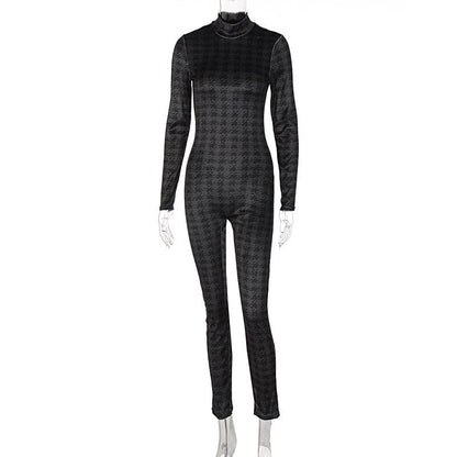 New Women's Houndstooth Velvet Long Sleeve Turtleneck Jumpsuit