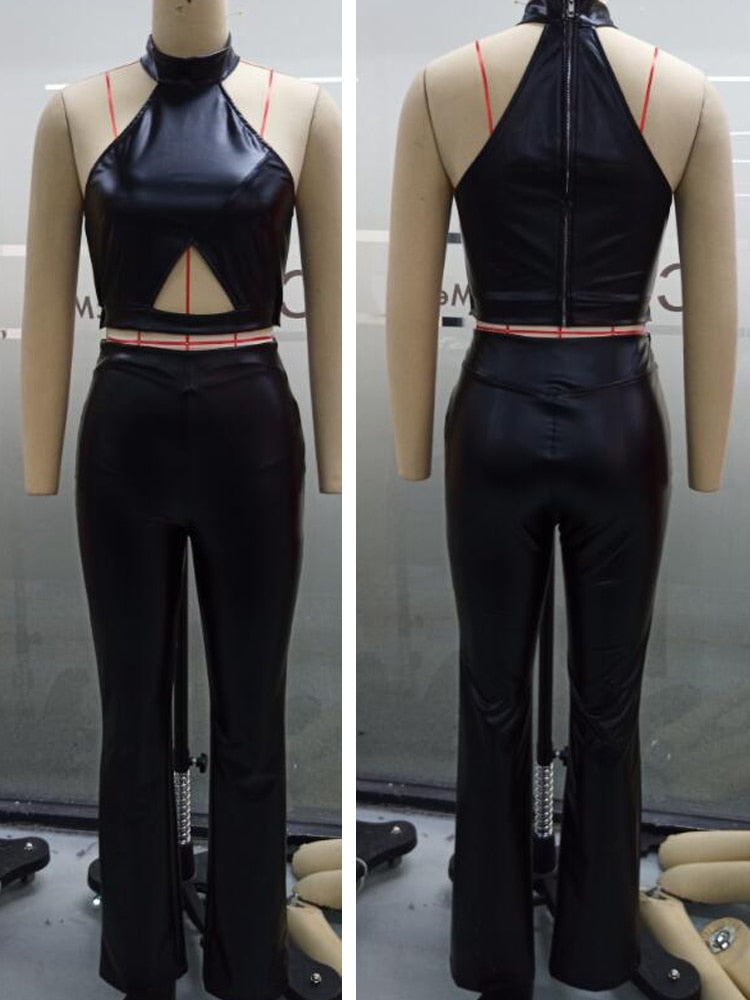 Women's Faux Leather Cutout Crop Top & Pants Set